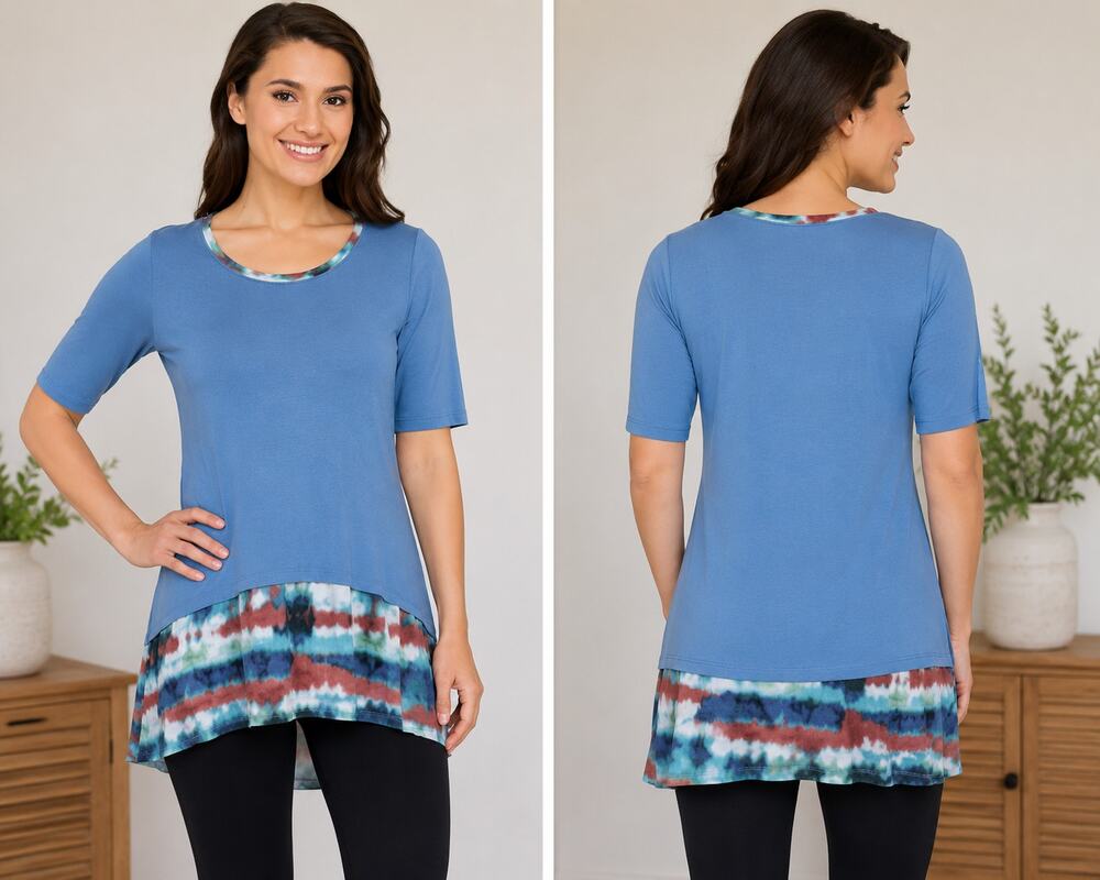 LOGO Lori Goldstein Blue Tunic Top XS Layered Hem Scoop Neck Rayon NWOT